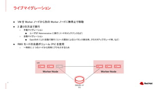 ライブマイグレーション
12
● VM を Worker ノードから別の Worker ノードに無停止で移動
● 2 通りの方法で実行
○ 手動マイグレーション
■ ユーザが Administrative に実行（ノードのメンテナンスなど）
○ 自動マイグレーション
■ OpenShift により自動で実行（リソース競合によるリバランス発生時、クラスタアップグレード時、など）
● RWX モードの永続ボリューム (PV) を使用
○ 一時的に 2 つのノードから同時にアクセスするため
Worker Node Worker Node
VM
RWXモード
PV
 