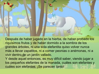 Después de haber jugado en la hierba, de haber probado los
riquísimos frutos y de haber dormido a la sombra de los
grandes árboles, ni una sola elefantita quiso volver nunca
más a llevar zapatitos, ni a comer peonias o anémonas, ni a
vivir dentro de un jardín vallado.
Y desde aquel entonces, es muy difícil saber, viendo jugar a
los pequeños elefantes de la manada, cuáles son elefantes y
cuáles son elefantas. ¡Se parecen tanto!

 