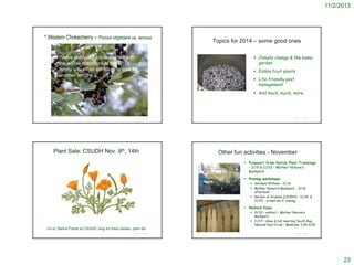 11/2/2013

* Western Chokecherry – Prunus virginiana var. demissa
We’ve only just gotten started with
the edible members of the Rose
family – but that will have to wait for
another lecture

Topics for 2014 – some good ones
 Climate change & the home
garden

 Edible fruit plants
 Life-friendly pest
management
 And much, much, more

http://www.wildflower.org/gallery/result.php?id_image=23962

© Project SOUND

Plant Sale: CSUDH Nov. 9th, 14th

© Project SOUND

Other fun activities - November
 Potpourri from Native Plant Trimmings
– 11/9 & 11/10 – Mother Nature’s
Backyard
 Pruning workshops:
 Gardena Willows – 11/16
 Mother Nature’s Backyard – 11/16
afternoon
 Garden of Dreams (CSUDH) – 11/15 &
11/22 – e-mail me if coming

 Natural Dyes

Go to ‘Native Plants at CSUDH’ blog for more details, plant list
© Project SOUND

 11/10 – exhibit – Mother Nature’s
Backyard
 11/17 – show & tell meeting ‘South Bay
Natural Dye Circle – Madrona, 1:00-4:00
© Project SOUND

23

 