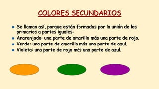 COLORES SECUNDARIOS
 Se llaman así, porque están formados por la unión de los
primarios a partes iguales:
 Anaranjado: una parte de amarillo más una parte de rojo.
 Verde: una parte de amarillo más una parte de azul.
 Violeta: una parte de rojo más una parte de azul.
 