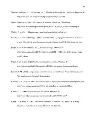 42
Martínez Rodríguez, J. (15 de Julio de 2011). Métodos de Investigación Cualitativa. Obtenido de
http://www.cide.edu.co/ojs/index.php/silogismo/article/view/64
Master Distancia, S. (2009). Diccionario de términos educativos. Obtenido de
http://static.masterd.es/oposiciones/guias_pdf/TD380112(02)%20-%20Prueba.pdf
Muñoz, C. N. (2011). El esquema corporal en educación física. Paiderex.
Padilla, Y. E., & Yoli Santiago, J. (23 de Abril de 2010). El juego para estimular la motricidad
gruesa. Obtenido de http://jugandomeejercito.blogspot.com/2010/04/tesis-parte-2.html
Piaget, J. (14 de noviembre de 2012). Teorías del juego. Obtenido de
https://actividadesludicas2012.wordpress.com/2012/11/12/teorias-de-los-juegos-piaget-
vigotsky-kroos
Piaget, J. (29 de abril de 2013). Psicomotricidad en los niños. Obtenido de
http://psicomotricidadeln.blogspot.com/2013/04/teorias-que-fundamentan-la.htm
Postein, A. M. (2016). Cuerpo, juego y movimiento en el Nivel Inicial. Propuesta de Educacion
Fisica y Expresión Corporal. Homosapiens.
Ramírez, E. B. (Mayo de 2007). La lateralidad en la etapa infantil. Obtenido de efdeportes.com:
http://www.efdeportes.com/efd108/la-lateralidad-en-la-etapa-infantil.htm
Ramos, Y. C. (2000-2010). Educación Inicial.com. Obtenido de
http://www.educacioninicial.com/ei/contenidos/00/0300/311.ASP
Robert , J., & Kuby, P. (2005). Estadistica elemental, lo esencial. En J. Robert, & P. Kuby,
Estadistica elemental, lo esencial. Thomson 3ra. Edición.
 