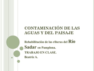 CONTAMINACIÓN DE LAS
AGUAS Y DEL PAISAJE
Rehabilitación de las riberas del Río
Sadar en Pamplona.
TRABAJO EN CLASE.
Beatriz A.
 