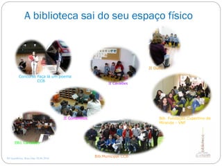 A biblioteca sai do seu espaço físico
AE Gondifelos, Rosa Dias 28.04.2016
Concurso Faça lá um poema
CCB
Bib. Fundação Cupertino de
Miranda - VNF
Bib.Municipal CCB
EB1 Cavalões
JI Gondifelos
JI Cavalões
JI Outiz
 
