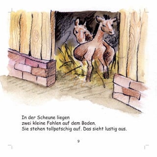 In der Scheune liegen 
zwei kleine Fohlen auf dem Boden. 
Sie stehen tollpatschig auf. Das sieht lustig aus. 
9 
 