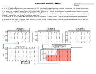 RAPID OFFICE STRAIN ASSESSMENT EMPLOYEE NAME: ___________________________
DATE: _____________________________________
ASSESSED BY: _______________________________
ROSA SCORING INSTRUCTIONS
2 3 4 5 6 7 8 9 0 1 2 3 4 5 6 7 0 1 2 3 4 5 6 7
2 2 2 3 4 5 6 7 8 0 1 1 1 2 3 4 5 6 0 1 1 1 2 3 4 5 6
3 2 2 3 4 5 6 7 8 1 1 1 2 2 3 4 5 6 1 1 1 2 3 4 5 6 7
4 3 3 3 4 5 6 7 8 2 1 2 2 3 3 4 6 7 2 1 2 2 3 4 5 6 7
5 4 4 4 4 5 6 7 8 3 2 2 3 3 4 5 6 8 3 2 3 3 3 5 6 7 8
6 5 5 5 5 6 7 8 9 4 3 3 4 4 5 6 7 8 4 3 4 4 5 5 6 7 8
7 6 6 6 7 7 8 8 9 5 4 4 5 5 6 7 8 9 5 4 5 5 6 6 7 8 9
8 7 7 7 8 8 9 9 9 6 5 5 6 7 8 8 9 9 6 5 6 6 7 7 8 8 9
7 6 7 7 8 8 9 9 9
1 2 3 4 5 6 7 8 9 10
1 1 2 3 4 5 6 7 8 9 10 1 2 3 4 5 6 7 8 9
2 2 2 3 4 5 6 7 8 9 10 1 1 2 3 4 5 6 7 8 9
3 3 3 3 4 5 6 7 8 9 10 2 2 2 3 4 5 6 7 8 9
4 4 4 4 4 5 6 7 8 9 10 3 3 3 3 4 5 6 7 8 9
5 5 5 5 5 5 6 7 8 9 10 4 4 4 4 4 5 6 7 8 9
6 6 6 6 6 6 6 7 8 9 10 5 5 5 5 5 5 6 7 8 9
7 7 7 7 7 7 7 7 8 9 10 6 6 6 6 6 6 6 7 8 9
8 8 8 8 8 8 8 8 8 9 10 7 7 7 7 7 7 7 7 8 9
9 9 9 9 9 9 9 9 9 9 10 8 8 8 8 8 8 8 8 8 9
10 10 10 10 10 10 10 10 10 10 10 9 9 9 9 9 9 9 9 9 9
Mouse
seatpanheight
/depth
MONITOR AND
PERIPHERALS SCORE
ROSA FINAL
SCORE
Mouse and Keyboard
MonitorandTelephone
Peripherals and Monitor
SECTION B
SCORE
Monitor
Phone
Chair
Keyboard
1. Add Seat Pan and Seat Depth scores together to receive Section A vertical Axis Score. Add Arm Rest and Back Rest scores together to receive the vertical axis score. Using these scores, follow the scoring
chart to receive the Chair Score. Add the appropriate duration score based on the amount of time the worker spends in the chair per day.
2. Add the score for the Monitor with the appropriate duration score to receive the value for the horizontal axis in Section B. Add the telephone score together plus the appropriate duration score to receive the
vertical axis for Section B. Using these scores, follow the scoring chart to receive the Section B score.
3. Add the score for the keyboard to the appropriate duration score to receive the value for the horizontal axis in Section C. Add the score of the mouse to the appropriate duration score to receive the vertical axis
for Section C. Using these scores, follow the scoring chart to receive the Section C score.
4. Use the score from step 2 to receive the score for the vertical axis in the peripheral and monitor section. Use the score from step 3 to receive the score for the horizontal axis in the peripheral and monitor
section.
5. Use the score from Step 1 (Section A) to receive the value for the vertical axis in the grand score chart. Use the score from step 4 to receive the score for the horizontal axis in the grand score chart. Using
these two scores, find the coresponding Grand ROSA score.
Arm Rest and Back Support
SECTION C
SCORE
SECTION A
SCORE
 