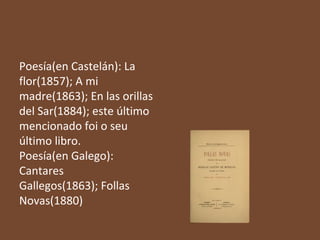 Poesía(en Castelán): La
flor(1857); A mi
madre(1863); En las orillas
del Sar(1884); este último
mencionado foi o seu
último libro.
Poesía(en Galego):
Cantares
Gallegos(1863); Follas
Novas(1880)

 
