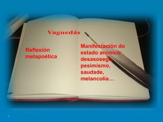 Reflexión
metapoética
Manifestación do
estado anímico:
desasosego,
pesimismo,
saudade,
melancolía…
 
