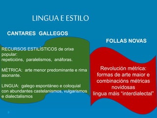 LINGUA EESTILO
RECURSOS ESTILÍSTICOS de orixe
popular:
repeticións, paralelismos, anáforas.
MÉTRICA: arte menor predominante e rima
asonante.
LINGUA: galego espontáneo e coloquial
con abundantes castelanismos, vulgarismos
e dialectalismos
CANTARES GALLEGOS
Revolución métrica:
formas de arte maior e
combinacións métricas
novidosas
lingua máis “interdialectal”
FOLLAS NOVAS
 