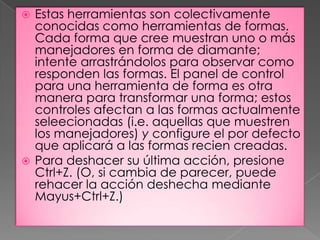Estas herramientas son colectivamente conocidas como herramientas de formas. Cada forma que cree muestran uno o más manejadores en forma de diamante; intente arrastrándolos para observar como responden las formas. El panel de control para una herramienta de forma es otra manera para transformar una forma; estos controles afectan a las formas actualmente seleecionadas (i.e. aquellas que muestren los manejadores) y configure el por defecto que aplicará a las formas recien creadas.Para deshacer su última acción, presione Ctrl+Z. (O, si cambia de parecer, puede rehacer la acción deshecha mediante Mayus+Ctrl+Z.)