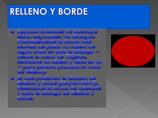 RELLENO Y BORDEAlgunas funciones de Inkscape están disponibles vía dialogos. Probablemente la forma más sencilla de pintar un objeto de algún color es abrir el dialogo -- desde el menú de Objetos, selccione un objeto y click en un -- para pintarlo (cambia su color de relleno).Es más poderoso el dialogo de Relleno y Borde (Mayus+Ctrl+F). Seleccione la forma de adelante y abra el dialogo de Relleno y Borde.