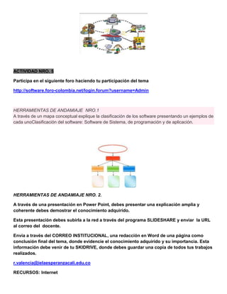 ACTIVIDAD NRO. 5

Participa en el siguiente foro haciendo tu participación del tema

http://software.foro-colombia.net/login.forum?username=Admin



HERRAMIENTAS DE ANDAMIAJE NRO.1
A través de un mapa conceptual explique la clasificación de los software presentando un ejemplos de
cada unoClasificación del software: Software de Sistema, de programación y de aplicación.




HERRAMIENTAS DE ANDAMIAJE NRO. 2.

A través de una presentación en Power Point, debes presentar una explicación amplia y
coherente debes demostrar el conocimiento adquirido.

Esta presentación debes subirla a la red a través del programa SLIDESHARE y enviar la URL
al correo del docente.

Envía a través del CORREO INSTITUCIONAL, una redacción en Word de una página como
conclusión final del tema, donde evidencie el conocimiento adquirido y su importancia. Esta
información debe venir de tu SKIDRIVE, donde debes guardar una copia de todos tus trabajos
realizados.

r.valencia@ielaesperanzacali.edu.co

RECURSOS: Internet
 