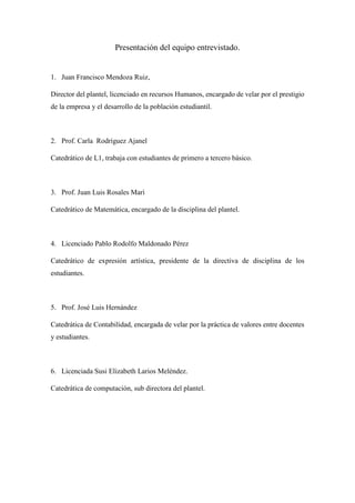 Presentación del equipo entrevistado.
1. Juan Francisco Mendoza Ruiz,
Director del plantel, licenciado en recursos Humanos, encargado de velar por el prestigio
de la empresa y el desarrollo de la población estudiantil.
2. Prof. Carla Rodríguez Ajanel
Catedrático de L1, trabaja con estudiantes de primero a tercero básico.
3. Prof. Juan Luis Rosales Marì
Catedrático de Matemática, encargado de la disciplina del plantel.
4. Licenciado Pablo Rodolfo Maldonado Pérez
Catedrático de expresión artística, presidente de la directiva de disciplina de los
estudiantes.
5. Prof. José Luis Hernández
Catedrática de Contabilidad, encargada de velar por la práctica de valores entre docentes
y estudiantes.
6. Licenciada Susi Elizabeth Larios Meléndez.
Catedrática de computación, sub directora del plantel.
 