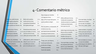 4- Comentario métrico
Adiós ríos, adiós fuentes 8-
adiós regatos pequeños 8a
adiós vista de mis ojos 8-
no sé cuando nos veremos. 8a
Mi tierra mía, mi tierra, 8-
tierra donde me críe 7+1 b
huerto que yo labraba, 8-
higueras que yo planté. 7+1 b
Prados, ríos, arboledas, 8-
pinares que mueve el viento, 8a
pajarillos piadores, 7-
la casa de mi contento. 8a
Molino del castañar, 7+1 c
noches de luna clara, 7-
campanitas timbradoras 8-
de la iglesia del lugar. 7+1 c
Zarzamoras de las zarzas 8-
que yo le daba a mi amor, 7+1d
caminos entre el maíz, 7+1
¡adiós para siempre adiós! 8d
¡Adiós gloria!, ¡adiós contento! 8
¡Dejo la casa en que nací 8e
y la aldea que conozco 8
por un mundo que no vi! 7+1 e
Adiós, adiós que me voy, 7+1
hierbas del camposanto, 7f
donde se enterró a mi padre, 8
hierbas que besé tanto, 7f
tierra que nos crió. 6+1
AdiósVirgen de laAsunción, 8+1
blanca como un serafín, 7+1
os llevo en el corazón: 7+1
Pedidle a Dios por mí, 7+1
miVirgen de laAsunción. 7+1
Ya se oyen lejos, muy lejos, 8 g
las campanas del Pomar; 7+1 e
para mi, ¡ay!, desdichado, 8 g
nunca más han de tocar. 7+1 e
Dejo amigos por extraños 8
y la vega por el mar 7+1 c
dejo, en fin, lo que más quiero… 8
¡quien pudiera no dejar! 7+1 c
Pero soy pobre y, ¡mal pecado!, 8f
mi tierra no es mía, 7
que hasta le dan de prestado 8f
la senda por donde camina 9
al que ha nacido desdichado. 9F
Tengo, pues, que dejaros, 7
huerta que tanto amé, 6+1b
lumbre de mi hogar, 6+1
árboles que planté, 6+1b
fuente del cabañal. 6+1
Ya se oyen lejos, muy lejos. 8i
Cada son es un dolor; 7+1
me voy solo, sin amparo… 8i
Tierra mía, ¡adiós!, ¡adiós! 7+1
¡Adiós también, mi querida… 8
Adiós quizá para siempre!... 8
Te digo este adiós llorando 8
desde la orilla del mar. 7+1
No me olvides tú, mi amor, 7+1
si muero de soledad… 7+1c
tantas leguas mar adentro… 8
¡Mi casa ! ¡Mi hogar! 6+1
 