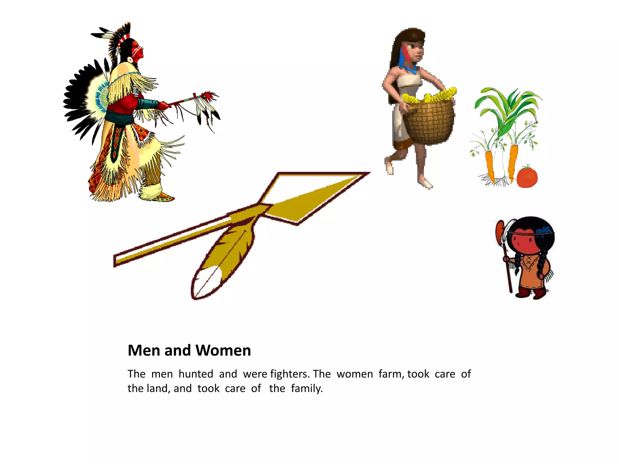 Men and Women
The men hunted and were fighters. The women farm, took care of
the land, and took care of the family.