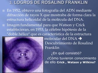 3. LOGROS DE ROSALIND FRANKLINEn 1952, obtuvo una fotografía del ADN mediante difracción de rayos X que mostraba de forma clara la estructura helicoidal de la molécula del DNA. Imagen fundamental para que Watson y Crick establecieran, en 1953, la célebre hipótesis de la "doble hélice" que es característica de la estructura  	                                   molecular del DNA  					     Descubrimiento de Rosalind 				     Franklin                                           ¿En qué consistió?                                ¿Cómo tuvieron conocimiento         				    de ello Crick , Watson y Wilkins?