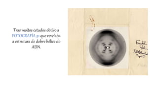 Tras moitos estudos obtivo a
FOTOGRAFÍA 51 que revelaba
a estrutura de dobre hélice do
ADN.
 