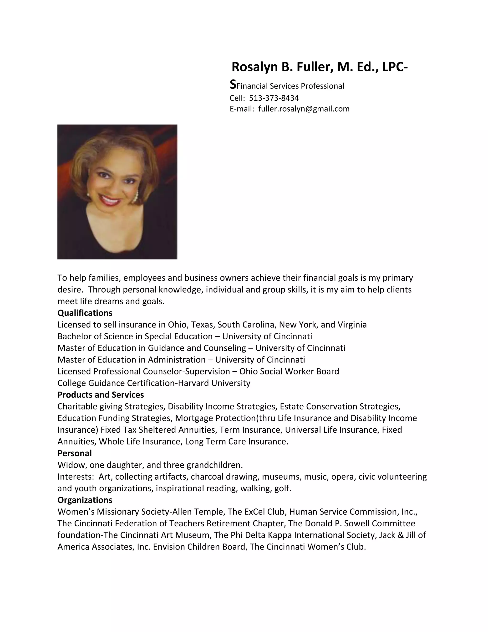 Rosalyn personal profile docx insurance personal finance