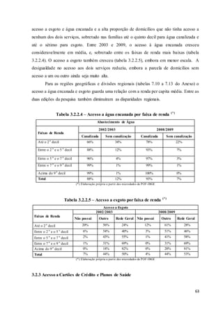 63
acesso a esgoto e água encanada e a alta proporção de domicílios que não tinha acesso a
nenhum dos dois serviços, sobretudo nas famílias até o quinto decil para água canalizada e
até o sétimo para esgoto. Entre 2003 e 2009, o acesso à água encanada cresceu
consideravelmente em média, e, sobretudo entre os faixas de renda mais baixas (tabela
3.2.2.4). O acesso a esgoto também cresceu (tabela 3.2.2.5), embora em menor escala. A
desigualdade no acesso aos dois serviços reduziu, embora a parcela de domicílios sem
acesso a um ou outro ainda seja muito alta.
Para as regiões geográficas e divisões regionais (tabelas 7.10 a 7.13 do Anexo) o
acesso a água encanada e esgoto guarda uma relação com a renda per capita média. Entre as
duas edições da pesquisa também diminuíram as disparidades regionais.
Tabela 3.2.2.4 – Acesso a água encanada por faixa de renda (*)
Abastecimento de Água
Faixas de Renda
2002/2003 2008/2009
Canalizada Sem canalização Canalizada Sem canalização
Até o 2o
decil 66% 34% 78% 22%
Entre o 2 o
e o 5 o
decil 88% 12% 93% 7%
Entre o 5 o
e o 7 o
decil 96% 4% 97% 3%
Entre o 7 o
e o 9 o
decil 99% 1% 99% 1%
Acima do 9o
decil 99% 1% 100% 0%
Total 88% 12% 93% 7%
(*) Elaboração própria a partir dos microdados da POF-IBGE
Tabela 3.2.2.5 – Acesso a esgoto por faixa de renda (*)
Acesso a Esgoto
Faixas de Renda
2002/2003 2008/2009
Não possui Outro Rede Geral Não possui Outro Rede Geral
Até o 2o
decil 20% 56% 24% 12% 61% 28%
Entre o 2 o
e o 5 o
decil 6% 54% 40% 3% 51% 46%
Entre o 5 o
e o 7 o
decil 2% 43% 55% 1% 41% 58%
Entre o 7 o
e o 9 o
decil 1% 31% 69% 0% 31% 69%
Acima do 9o
decil 0% 18% 82% 0% 20% 81%
Total 7% 44% 50% 4% 44% 53%
(*) Elaboração própria a partir dos microdados da POF-IBGE
3.2.3 Acesso a Cartões de Crédito e Planos de Saúde
 