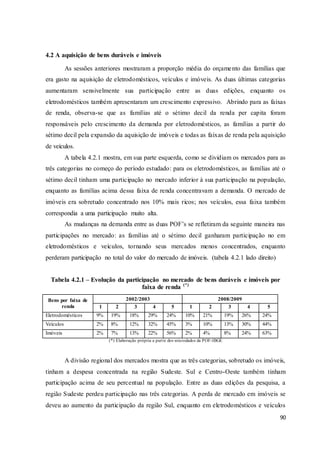 90
4.2 A aquisição de bens duráveis e imóveis
As sessões anteriores mostraram a proporção média do orçamento das famílias que
era gasto na aquisição de eletrodomésticos, veículos e imóveis. As duas últimas categorias
aumentaram sensivelmente sua participação entre as duas edições, enquanto os
eletrodomésticos também apresentaram um crescimento expressivo. Abrindo para as faixas
de renda, observa-se que as famílias até o sétimo decil da renda per capita foram
responsáveis pelo crescimento da demanda por eletrodomésticos, as famílias a partir do
sétimo decil pela expansão da aquisição de imóveis e todas as faixas de renda pela aquisição
de veículos.
A tabela 4.2.1 mostra, em sua parte esquerda, como se dividiam os mercados para as
três categorias no começo do período estudado: para os eletrodomésticos, as famílias até o
sétimo decil tinham uma participação no mercado inferior à sua participação na população,
enquanto as famílias acima dessa faixa de renda concentravam a demanda. O mercado de
imóveis era sobretudo concentrado nos 10% mais ricos; nos veículos, essa faixa também
correspondia a uma participação muito alta.
As mudanças na demanda entre as duas POF’s se refletiram da seguinte maneira nas
participações no mercado: as famílias até o sétimo decil ganharam participação no em
eletrodomésticos e veículos, tornando seus mercados menos concentrados, enquanto
perderam participação no total do valor do mercado de imóveis. (tabela 4.2.1 lado direito)
Tabela 4.2.1 – Evolução da participação no mercado de bens duráveis e imóveis por
faixa de renda (*)
Bens por faixa de
renda
2002/2003 2008/2009
1 2 3 4 5 1 2 3 4 5
Eletrodomésticos 9% 19% 18% 29% 24% 10% 21% 19% 26% 24%
Veículos 2% 8% 12% 32% 45% 3% 10% 13% 30% 44%
Imóveis 2% 7% 13% 22% 56% 2% 4% 8% 24% 63%
(*) Elaboração própria a partir dos microdados da POF-IBGE
A divisão regional dos mercados mostra que as três categorias, sobretudo os imóveis,
tinham a despesa concentrada na região Sudeste. Sul e Centro-Oeste também tinham
participação acima de seu percentual na população. Entre as duas edições da pesquisa, a
região Sudeste perdeu participação nas três categorias. A perda de mercado em imóveis se
deveu ao aumento da participação da região Sul, enquanto em eletrodomésticos e veículos
 