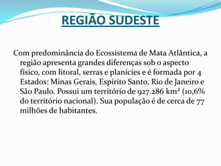 Região SudesteCom predominância do Ecossistema de Mata Atlântica, a região apresenta grandes diferenças sob o aspecto físico, com litoral, serras e planícies e é formada por 4 Estados: Minas Gerais, Espírito Santo, Rio de Janeiro e São Paulo. Possui um território de 927.286 km² (10,6% do território nacional). Sua população é de cerca de 77 milhões de habitantes.