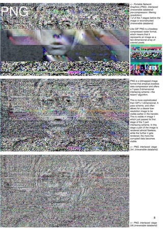 <-- Portable Network



PNG
      Graphics (PNG). interlaced
      (irreversible databend)
      pre-compression: ﬁltering
      (prediction)
      1-2 of the 7 stages before the
      image is reconstructed.
      (irreversible databend)

      Like GIF PNG is a lossless
      compressed raster format,
      which means that it
      represents an image as a
      two-dimensional array of
      colored pixels.




      PNG is a bitmapped image
      format that employs lossless
      data compression and offers
      a 7-pass 2-dimensional
      interlacing scheme—the
      Adam7 algorithm.

      This is more sophisticated
      than GIF's 1-dimensional, 4-
      pass scheme, and often
      allows for a clearer low-
      resolution image to be
      visible earlier in the transfer.
      This is visible in image 1
      which just passed its ﬁrst
      stage of the 7 part
      interlacing scheme. In this
      stage a part of the image is
      rendered almost ﬂawless,
      while the further it gets
      rendered, the more the
      corrupted data becomes
      visible.

      <-- PNG. interlaced. stage
      3/4. (irreversible databend)




                                8
      <-- PNG. interlaced. stage
      5/6.(irreversible databend)
 