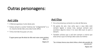 Outras personagens:
Avó Lídia
• A Mariana gostava muito desta avó;
• Estava sempre a contar histórias do “antigamente” e a
rir, mesmo tendo tido uma vida muito difícil;
• Tinha morrido há quase um ano;
“E agora penso que lhe devia ter dito mais vezes como gostava
dela (…)”
Página 25
Avó Elisa
• Era uma presença contante na vida de Mariana;
• Ela gosta da avó, mas acha que a casa dela está
sempre ligada a coisas más, porque sempre que
acontece alguma coisa é na casa dela que os pais a
deixam;
• Também achava que a avó tem sempre a mania que
está certa e que no tempo dela tudo era melhor.
“Se a tristeza tivesse uma cheiro tinha o cheiro das paredes da
casa da avó.”
Página 103
 