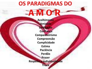 OS PARADIGMAS DO  AMOR Acolhimento  Amizade  Dedicação  Confiança Companheirismo Compreensão Cumplicidade Estima  Paciência Perd ã o  Prazer  Respeito a individualidade  Troca  