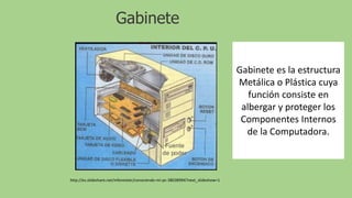 Gabinete
http://es.slideshare.net/mforestier/conociendo-mi-pc-38038994?next_slideshow=1
Gabinete es la estructura
Metálica o Plástica cuya
función consiste en
albergar y proteger los
Componentes Internos
de la Computadora.
 