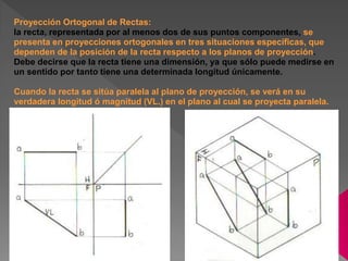 Proyección Ortogonal de Rectas: 
la recta, representada por al menos dos de sus puntos componentes, se 
presenta en proyecciones ortogonales en tres situaciones específicas, que 
dependen de la posición de la recta respecto a los planos de proyección. 
Debe decirse que la recta tiene una dimensión, ya que sólo puede medirse en 
un sentido por tanto tiene una determinada longitud únicamente. 
Cuando la recta se sitúa paralela al plano de proyección, se verá en su 
verdadera longitud ó magnitud (VL.) en el plano al cual se proyecta paralela. 
