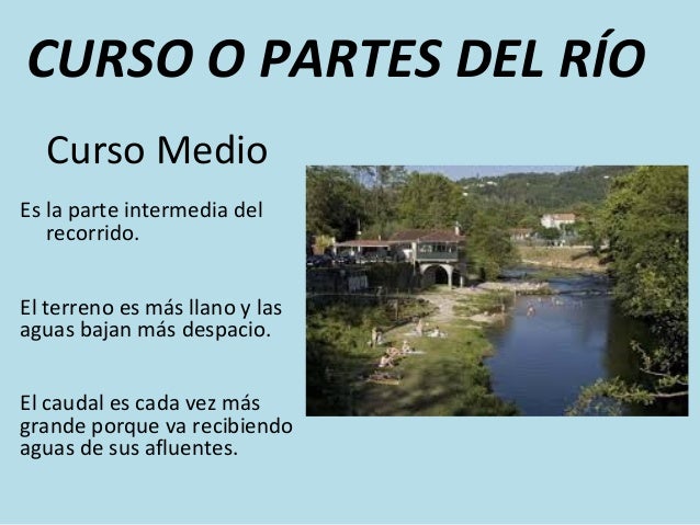 Curso Medio
Es la parte intermedia del
recorrido.
CURSO O PARTES DEL RÍO
El terreno es más llano y las
aguas bajan más des...
