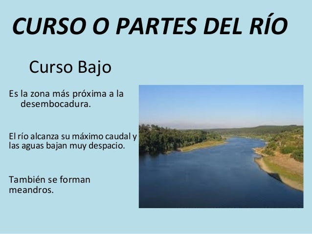 Curso Bajo
Es la zona más próxima a la
desembocadura.
CURSO O PARTES DEL RÍO
El río alcanza su máximo caudal y
las aguas b...