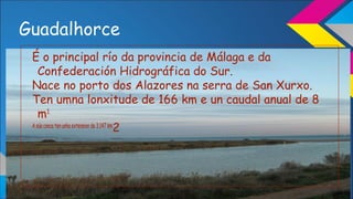 Guadalhorce
É o principal río da provincia de Málaga e da
Confederación Hidrográfica do Sur.
Nace no porto dos Alazores na serra de San Xurxo.
Ten umna lonxitude de 166 km e un caudal anual de 8
m3.
A súa conca ten unha extension de 3.147 km
2
 