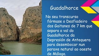 Guadalhorce
No seu transcurso
fórmase o Desfiadeiro
dos Gaitanes de 7 km que
separa o val do
Guadalhorce da
Depresión de Antequera
para desembocar nun
paraxe natural ao oaeste
de Málaga.
 