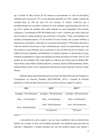 6
que o Estado de Mato Grosso do Sul destaca-se nacionalmente no setor de silvicultura,
sobretudo pela elevação de 23% na área plantada, registrado em 2012, quando o plantio de
eucalipto saltou de 500 mil para 612 mil hectares. O mesmo evidenciou que a
atividade florestal tem auxiliado a melhoria do meio ambiente, particularmente pelo fato de
que todo o plantio de eucalipto estar sendo efetuado em áreas degradadas. Esta elevação
configurou o investimento de R$ 600 milhões para o setor e ressaltou que muito ainda será
feito em todas as cadeias produtivas que envolvem a silvicultura. “Toda a área plantada com
eucalipto corresponde apenas 1,7% do território do nosso Estado, mas é preciso melhorar a
infraestrutura, permitindo a efetivação no escoamento da produção”. O Presidente descartou a
volta dos incentivos fiscais para o setor, enfatizando que o pleito do empresariado é por uma
desoneração na carga tributária, pois a expectativa é que até 2020 será possível chegar a um
milhão de hectares plantados, principalmente se a questão logística e a desoneração na carga
tributária acompanharem a lógica mercadológica de desenvolvimento no Estado. Dos 612 mil
hectares de área plantada, 68% estão ligadas às empresas que fazem parte da Reflore-MS:
Amata Brasil, Santa Mônica Reflorestamentos, Tramasul, Ramires Reflorestamentos, Niobe,
Eldorado Brasil, Fíbria, Corus Agroflorestal, Brasilwood, Cautex Florestal, Vetorial e Grupo
Mutum.
Mediante dados disponibilizados pela Associação Sul-Mato-Grossense de Produtores e
Consumidores de Florestas Plantadas (REFLORE/MS, 2013) a extensão de florestas
plantadas no Estado de Mato Grosso do Sul se encontra conforme, quadro 01, abaixo:
2011 2012* 2013**
Eucalipto - 476 mil hectares Eucalipto - 580 mil hectares Eucalipto - 690 mil hectares
Pinus - 12 mil hectares Pinus - 10 mil hectares Pinus - 8 mil hectares
Total - 488 mil hectares
Total - 590 mil hectares Total - 698 mil hectares
*em apuração **projeção
Quadro 01
A descoberta do carvão vegetal e seu uso como combustível data do primitivismo
quando, nas cavernas, ao fazer uso da madeira queimada, com aparência negra que podia ser
reduzida a fragmentos, o homem percebeu que esta não produzia chama nem fumaça e
 