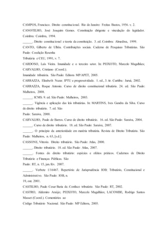 CAMPOS, Francisco. Direito constitucional. Rio de Janeiro: Freitas Bastos, 1956. v. 2. 
CANOTILHO, José Joaquim Gomes. Constituição dirigente e vinculação do legislador. 
Coimbra: Coimbra, 1994. 
______. Direito constitucional e teoria da constituição. 3. ed. Coimbra: Almedina, 1999. 
CANTO, Gilberto de Ulhôa. Contribuições sociais. Caderno de Pesquisas Tributárias. São 
Paulo: Coedição Resenha 
Tributária e CEU, 1991, v. 7. 
CARDOSO, Laís Vieira. Imunidade e o terceiro setor. In: PEIXOTO, Marcelo Magalhães; 
CARVALHO, Cristiano (Coord.). 
Imunidade tributária. São Paulo: Editora MP/APET, 2005. 
CARRAZZA, Elizabeth Nazar. IPTU e progressividade. 1. ed., 3. tir. Curitiba: Juruá, 2002. 
CARRAZZA, Roque Antonio. Curso de direito constitucional tributário. 24. ed. São Paulo: 
Malheiros, 2008. 
______. ICMS. 9. ed. São Paulo: Malheiros, 2003. 
______. Vigência e aplicação das leis tributárias. In: MARTINS, Ives Gandra da Silva. Curso 
de direito tributário. 7. ed. São 
Paulo: Saraiva, 2000. 
CARVALHO, Paulo de Barros. Curso de direito tributário. 16. ed. São Paulo: Saraiva, 2004. 
______. Curso de direito tributário. 18. ed. São Paulo: Saraiva, 2007. 
______. O princípio da anterioridade em matéria tributária. Revista de Direito Tributário. São 
Paulo: Malheiros, n. 63, [s.d.]. 
CASSONE, Vittorio. Direito tributário. São Paulo: Atlas, 2000. 
______. Direito tributário. 18. ed. São Paulo: Atlas, 2007. 
______. Fontes do direito tributário: espécies e efeitos práticos. Cadernos de Direito 
Tributário e Finanças Públicas. São 
Paulo: RT, n. 15, jan./fev. 2007. 
______. Verbete 1/16467. Repertório de Jurisprudência IOB: Tributário, Constitucional e 
Administrativo. São Paulo: IOB, n. 
19, out. 2001. 
CASTILHO, Paulo Cesar Baria de. Confisco tributário. São Paulo: RT, 2002. 
CASTRO, Aldemiro Araújo; PEIXOTO, Marcelo Magalhães; LACOMBE, Rodrigo Santos 
Masset (Coord.). Comentários ao 
Código Tributário Nacional. São Paulo: MP Editora, 2005. 
 