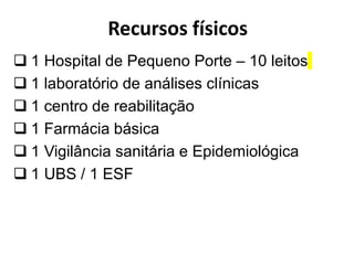Recursos humanos
 1 UBS com uma ESF e uma de Saúde Bucal – composta
de:
 1 Médico
• 1 Enfermeiro
• 2 Técnicos de enferma...
