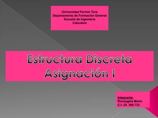Universidad Fermín Toro
Departamento de Formación General
Escuela de Ingeniería
Cabudare

Integrante:
Ronsagela Marin
C.I: 25. 390.733

 