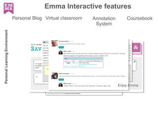 Emma Interactive features
Virtual classroomPersonal Blog CoursebookAnnotation
System
Enjoy Emma
PersonalLearningEnvironment
 