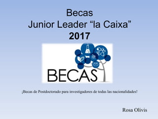 Becas
Junior Leader “la Caixa”
2017
¡Becas de Postdoctorado para investigadores de todas las nacionalidades!
Rosa Olivis
 