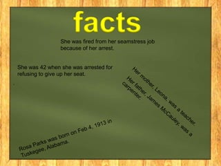 facts
She was fired from her seamstress job
because of her arrest.

She was 42 when she was arrested for
refusing to give up her seat.

.

 