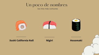 Un poco de nombres
los tres más comunes
Sushi California Roll Nigiri Hosomaki
 