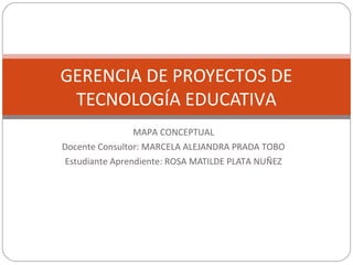 GERENCIA DE PROYECTOS DE 
TECNOLOGÍA EDUCATIVA 
MAPA CONCEPTUAL 
Docente Consultor: MARCELA ALEJANDRA PRADA TOBO 
Estudiante Aprendiente: ROSA MATILDE PLATA NUÑEZ 
 