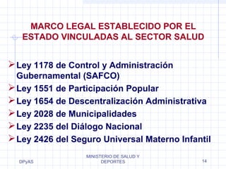 MARCO LEGAL ESTABLECIDO POR EL 
ESTADO VINCULADAS AL SECTOR SALUD 
Ley 1178 de Control y Administración 
Gubernamental (SAFCO) 
Ley 1551 de Participación Popular 
Ley 1654 de Descentralización Administrativa 
Ley 2028 de Municipalidades 
Ley 2235 del Diálogo Nacional 
Ley 2426 del Seguro Universal Materno Infantil 
DPyAS 
MINISTERIO DE SALUD Y 
DEPORTES 14 
 