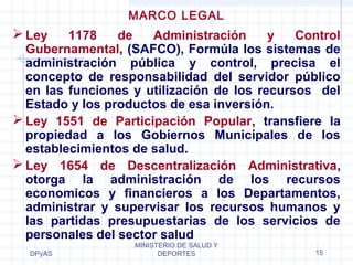 Ley 1178 de Administración y Control 
Gubernamental, (SAFCO), Formúla los sistemas de 
administración pública y control, precisa el 
concepto de responsabilidad del servidor público 
en las funciones y utilización de los recursos del 
Estado y los productos de esa inversión. 
Ley 1551 de Participación Popular, transfiere la 
propiedad a los Gobiernos Municipales de los 
establecimientos de salud. 
Ley 1654 de Descentralización Administrativa, 
otorga la administración de los recursos 
economicos y financieros a los Departamentos, 
administrar y supervisar los recursos humanos y 
las partidas presupuestarias de los servicios de 
personales del sector salud 
DPyAS 
MARCO LEGAL 
MINISTERIO DE SALUD Y 
DEPORTES 15 
 