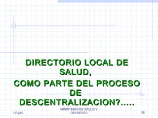 CCOOMMOO PPAARRTTEE DDEELL PPRROOCCEESSOO 
DDEESSCCEENNTTRRAALLIIZZAACCIIOONN??.......... 
DPyAS 
DDIIRREECCTTOORRIIOO LLOOCCAALL DDEE 
SSAALLUUDD,, 
DDEE 
MINISTERIO DE SALUD Y 
DEPORTES 26 
 
