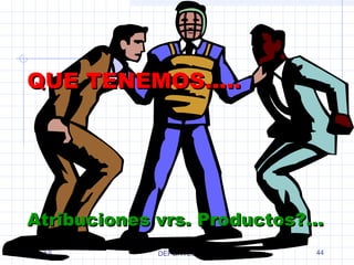 QQUUEE TTEENNEEMMOOSS.......... 
AAttrriibbuucciioonneess vvrrss.. PPrroodduuccttooss??...... 
DPyAS 
MINISTERIO DE SALUD Y 
DEPORTES 44 
 