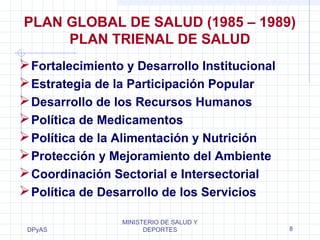 PLAN GLOBAL DE SALUD (1985 – 1989) 
Fortalecimiento y Desarrollo Institucional 
Estrategia de la Participación Popular 
Desarrollo de los Recursos Humanos 
Política de Medicamentos 
Política de la Alimentación y Nutrición 
Protección y Mejoramiento del Ambiente 
Coordinación Sectorial e Intersectorial 
Política de Desarrollo de los Servicios 
DPyAS 
PLAN TRIENAL DE SALUD 
MINISTERIO DE SALUD Y 
DEPORTES 8 
 