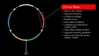 (10) Ave María
• Dios te salve, María
• llena eres de gracia,
• el Señor es contigo,
• bendita tú eres
• entre todas las mujeres
• y bendito sea el fruto de tu
vientre, Jesús.
• Santa María, Madre de Dios
• ruega por nosotros, pecadores,
• ahora y en la hora de nuestra
muerte. ¡Amén!
 