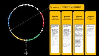 Se anuncia el QUINTO MISTERIO
Misterios
Gozosos
Lunes/Viernes
5. Jesús perdido
y hallado en el
Templo
• Para Jesús lo más
importante era
hacer la voluntad
del Padre. Por eso
se quedó en el
templo de
Jerusalén, sin ni
siquiera avisar a
María y a José.
Esto n os quiere
enseñar que
primero está Dios.
Por lo tanto, nadie,
por obedecer a los
hombres, ponga a
un lado la
obediencia hacia
Dios.
Misterios
Dolorosos
Martes/Sábado
5. La crucifixión
y muerte de
Jesús
• "No existe amor
más grande que
éste: dar la vida por
los amigos" (Jn. 15,
13), había dicho
Jesús. Sufriendo y
muriendo por
nosotros en la cruz,
Jesús nos dejó la
prueba más grande
de su amor. Ahora
depende de
nosotros saber
aprovechar de este
amor, renunciando
a nuestra vida de
pecado y tratando
de empezar una
vida nueva.
Misterios
Gloriosos
Miércoles/Domingo
5. La coronación de
la Santísima Virgen
María
• Como en este mundo
nadie estuvo tan cerca
de Jesús como María,
también ahora en el
cielo nadie está tan
cerca de Jesús como
María. Siendo la
Madre de Jesús, goza
de un grande poder de
intercesión: todo lo
que pide a Jesús en
nuestro favor, siempre
se lo concede. Por eso,
acudamos a María con
toda confianza,
sabiendo que es
nuestra Reina y es
también nuestra
Madre. Por lo tanto,
tiene el poder para
ayudarnos y nos
quiere ayudar.
Misterios
Luminosos
Jueves
4. La
Transfiguración
• «Mientras estaban
comiendo, tomó
Jesús pan y lo
bendijo, lo partió y,
dándoselo a sus
discípulos, dijo:
"Tomad, comed,
éste es mi cuerpo"»
(Mt26, 26).
 