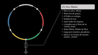 (3) Ave María
• Dios te salve, María
• llena eres de gracia,
• el Señor es contigo,
• bendita tú eres
• entre todas las mujeres
• y bendito sea el fruto de tu
vientre, Jesús.
• Santa María, Madre de Dios
• ruega por nosotros, pecadores,
• ahora y en la hora de nuestra
muerte. ¡Amén!
 